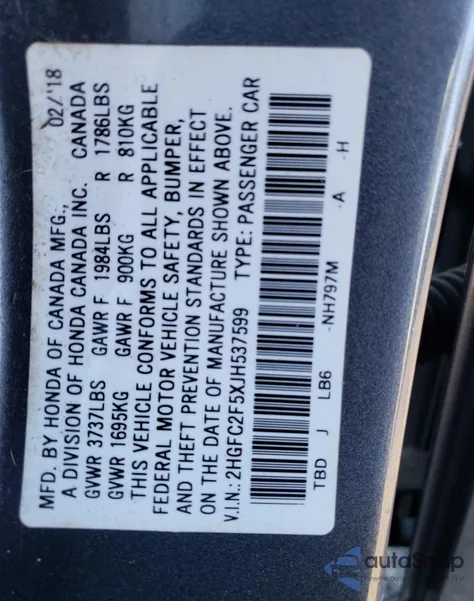 2018 Honda Civic Lx from USA, damaged, VIN 2HGFC2F5XJH537599